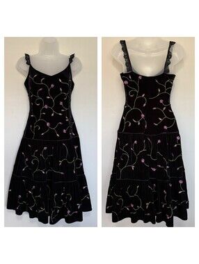 Rare Vintage Y2K Black Velvet Pink Floral Betsey Johnson Coquette Dress Size 8
